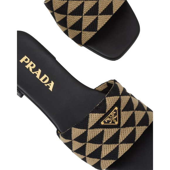 Prada Jacquard Triangle Logo Black Beige Tan Leather Slide Sandal Flat Mule 37.5 - Picture 9 of 16
